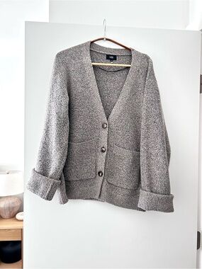 Line Knitwear Cozy Gray Nubby Tortoise Button Knit Cardigan Sweater Sz Large